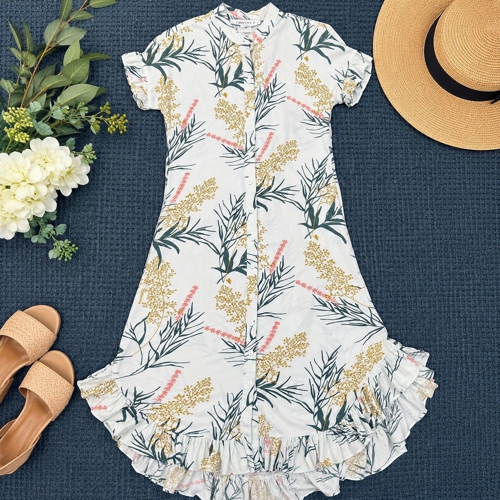 Downeast Floral Botanical Midi Shirt Dress XS Ruffle High Low Cottagecore Boho